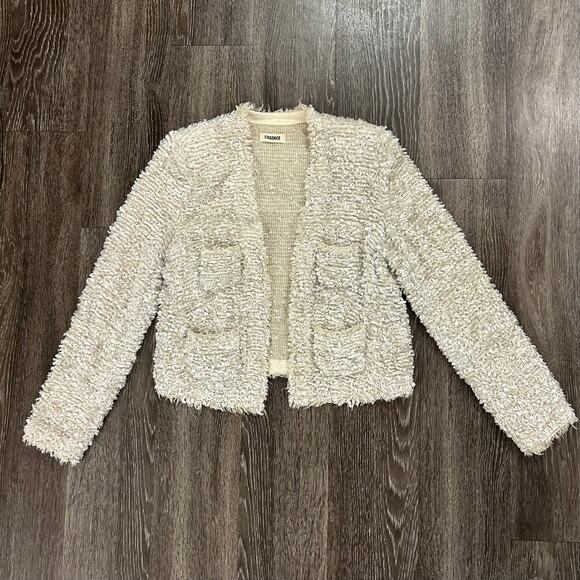 EUC L’AGENCE Cream Bouclé Tweed Open Front Frayed Jacket Sz 8 Silk Blend Cropped - Picture 2 of 16